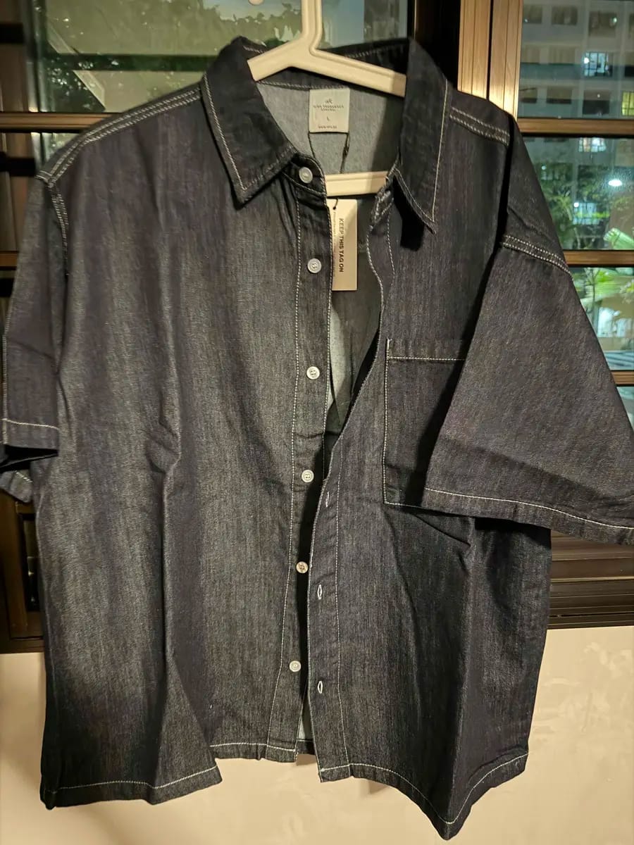 Customer photo review of Oversized Short Sleeve Denim Shirt