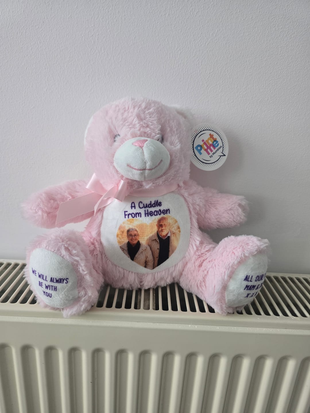 Customer photo review of A Cuddle from Heaven Personalised Photo Teddy Bear