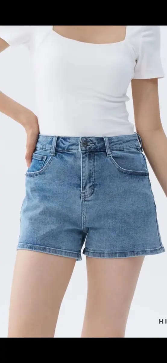 Customer photo review of Mid-Waisted Stretch Denim Shorts