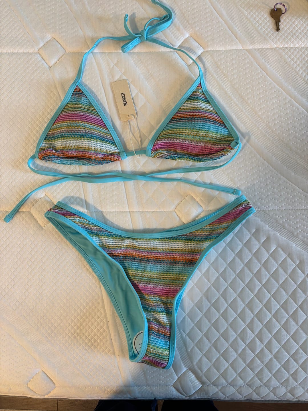 Customer photo review of Seamolly Colorblock Stripes Triangle Halter Tied Bikini Set