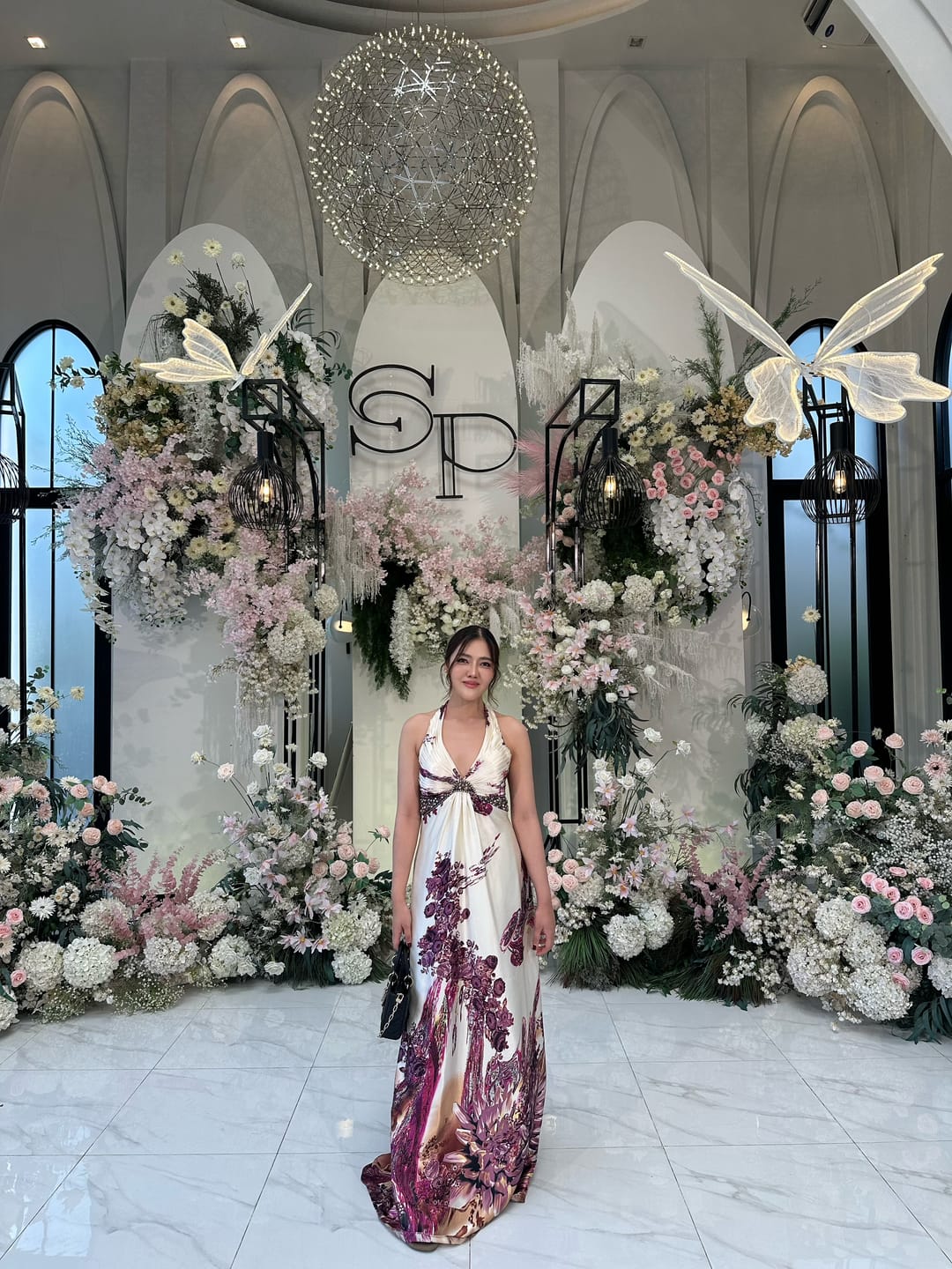 Customer photo review of D21 Vintage Dave & Johnny Halter Gown – Lilac Floral Satin (XS-S)