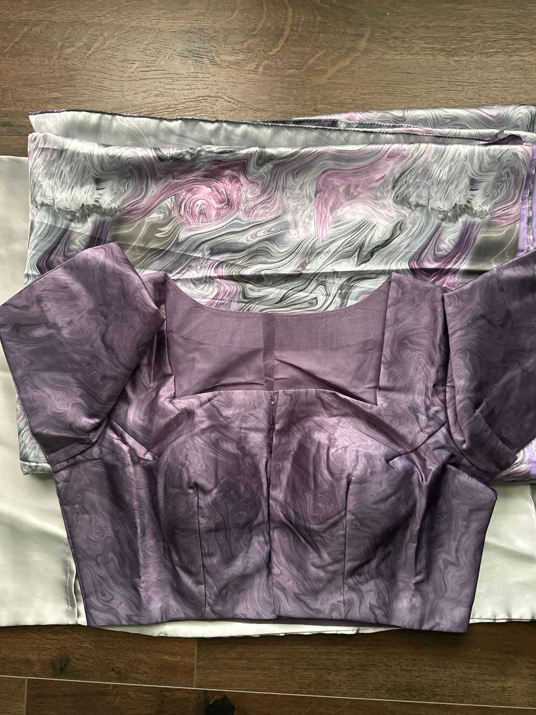 Customer photo review of Purple & White Satin Silk Saree with Shaded Digital Print Design
