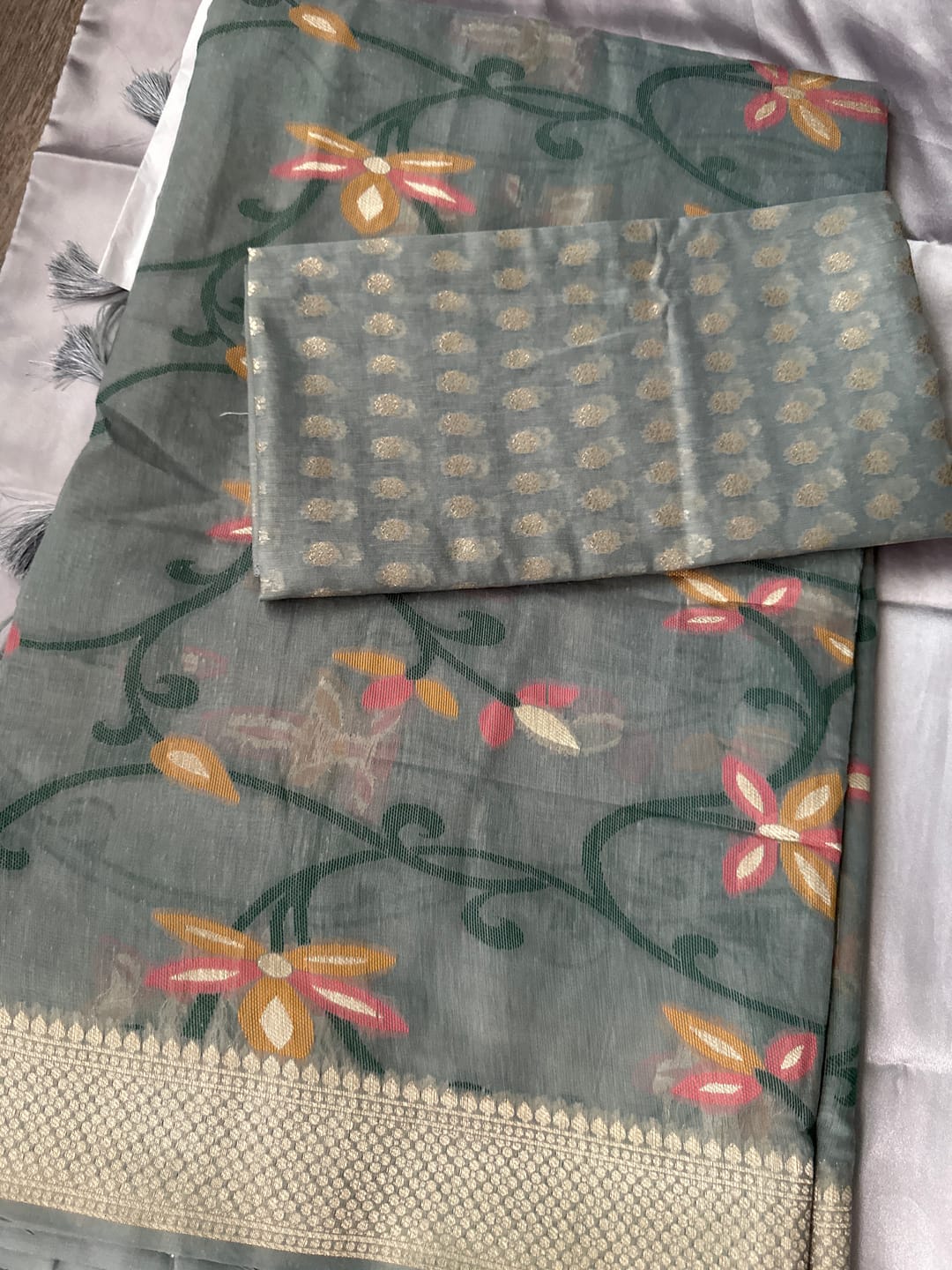 Customer photo review of Slate Grey Cotton Saree with Handwoven Jamdani Work