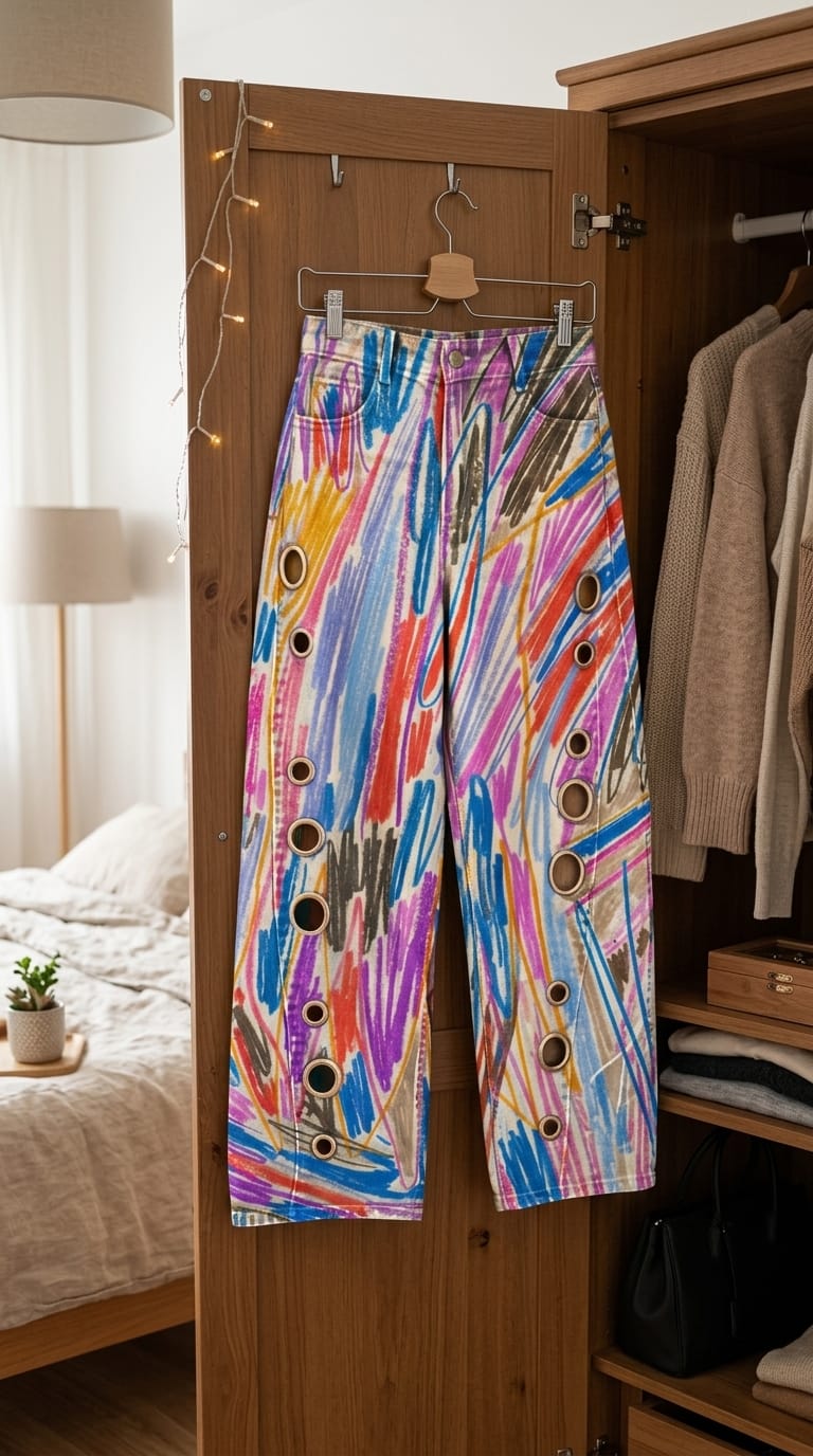 Customer photo review of Loose Wide Leg Buttoned Contrast Color Hollow Printed Pants Trousers