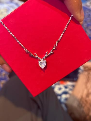 Customer's close-up view of the Silver Deer Heart Necklace, showing the detailed pendant against the red box.