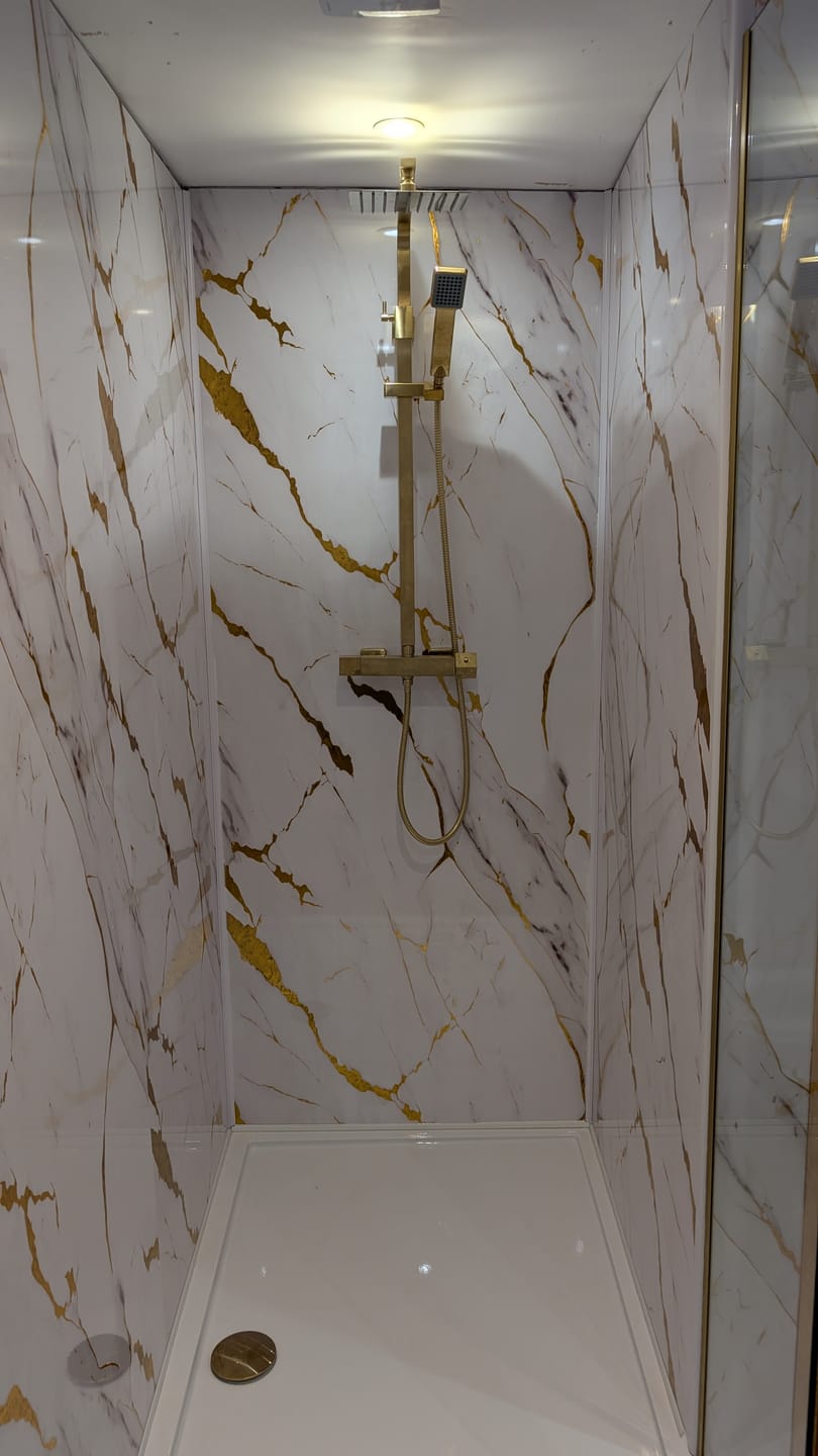 Customer photo review of Premium White Gold Gloss Shower Wall Panel - 1M x 2.4M