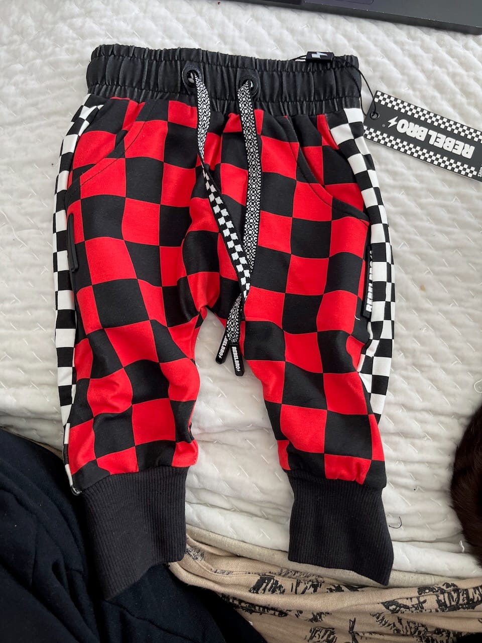 Customer photo review of Basic Jogger in Americana Red + Black Checkered