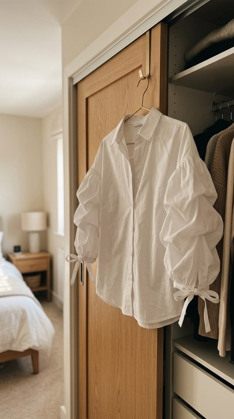 Customer photo review of Loose Puff Sleeves Buttoned Solid Color Tied Lapel Blouses&Shirts Tops