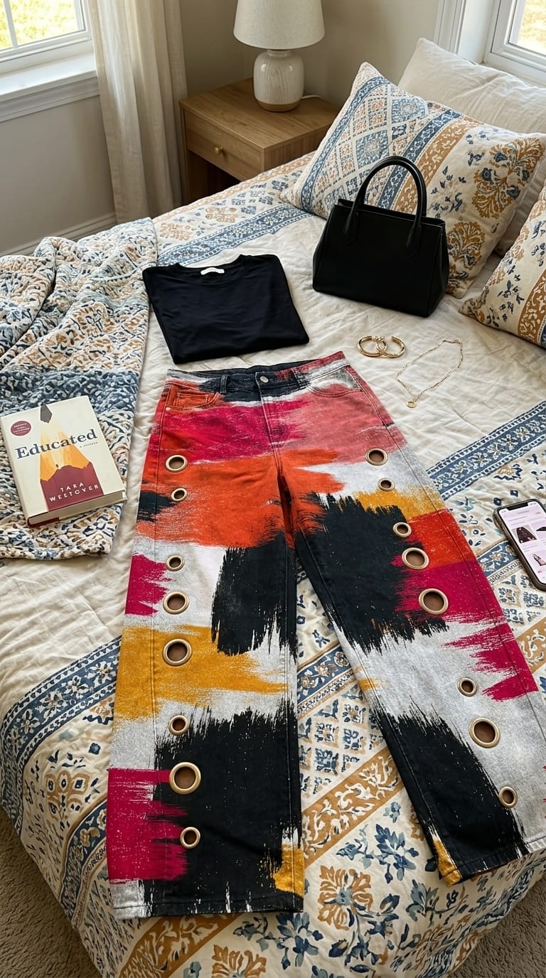 Customer photo review of Loose Wide Leg Buttoned Contrast Color Hollow Printed Pants Trousers