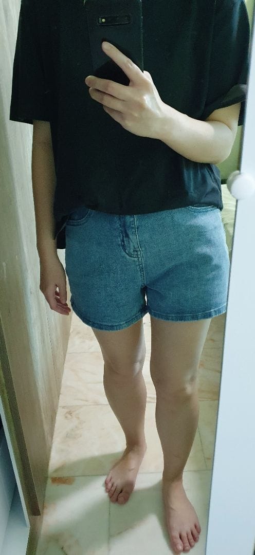 Customer photo review of Mid-Waisted Stretch Denim Shorts