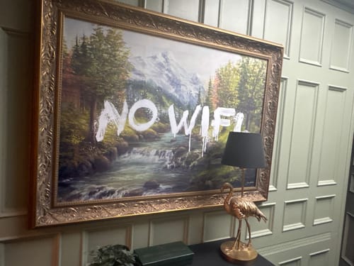 Customer's NO WIFI art print hanging on a wall in its ornate, gold frame.
