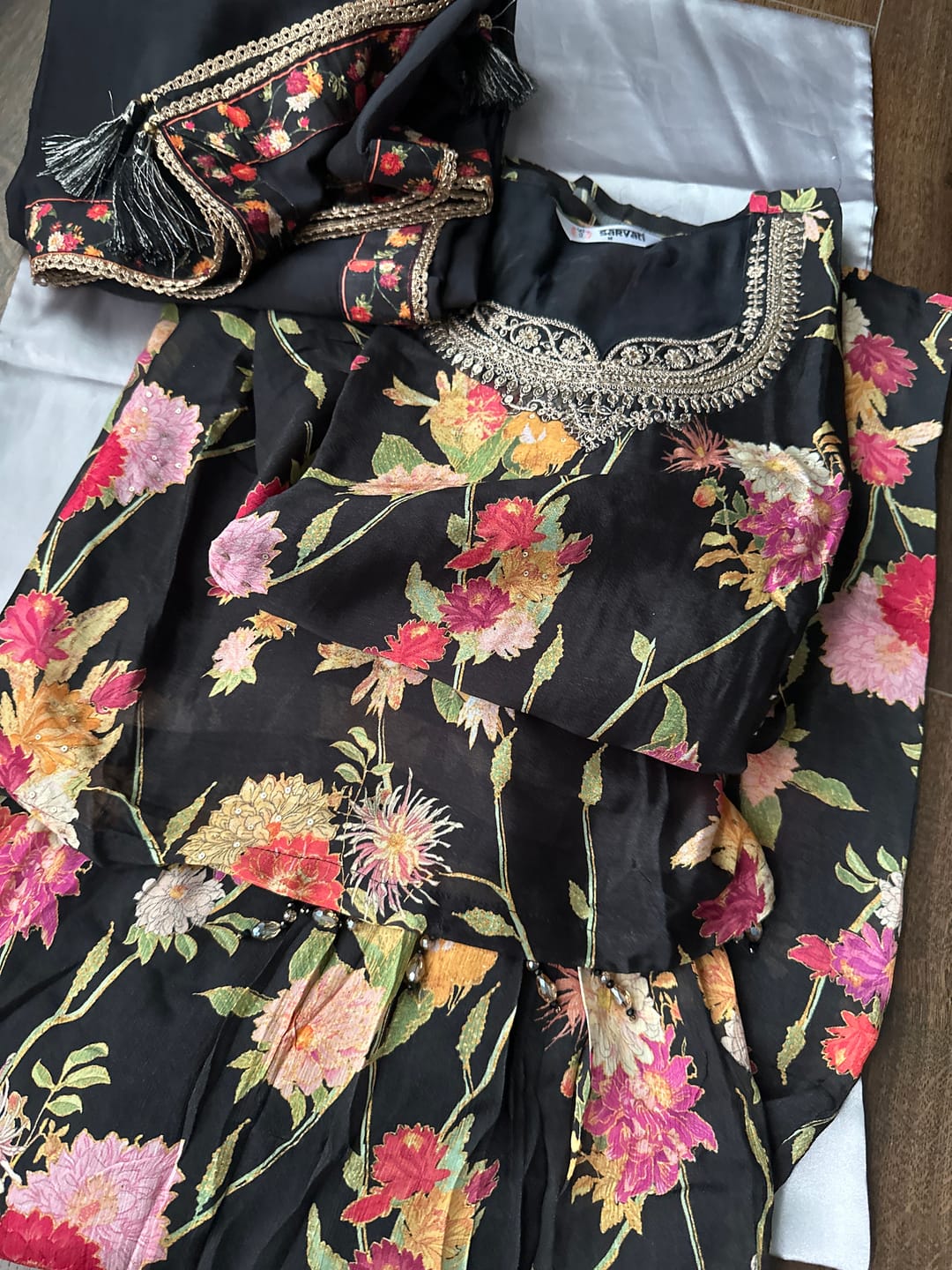 Customer photo review of Jade Black Chinon Silk Sharara Suit with Floral Print & Embroidery