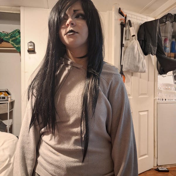 Customer photo review of Men Black Long Straight Side Swept Bangs Layered Gothic Cosplay Wig