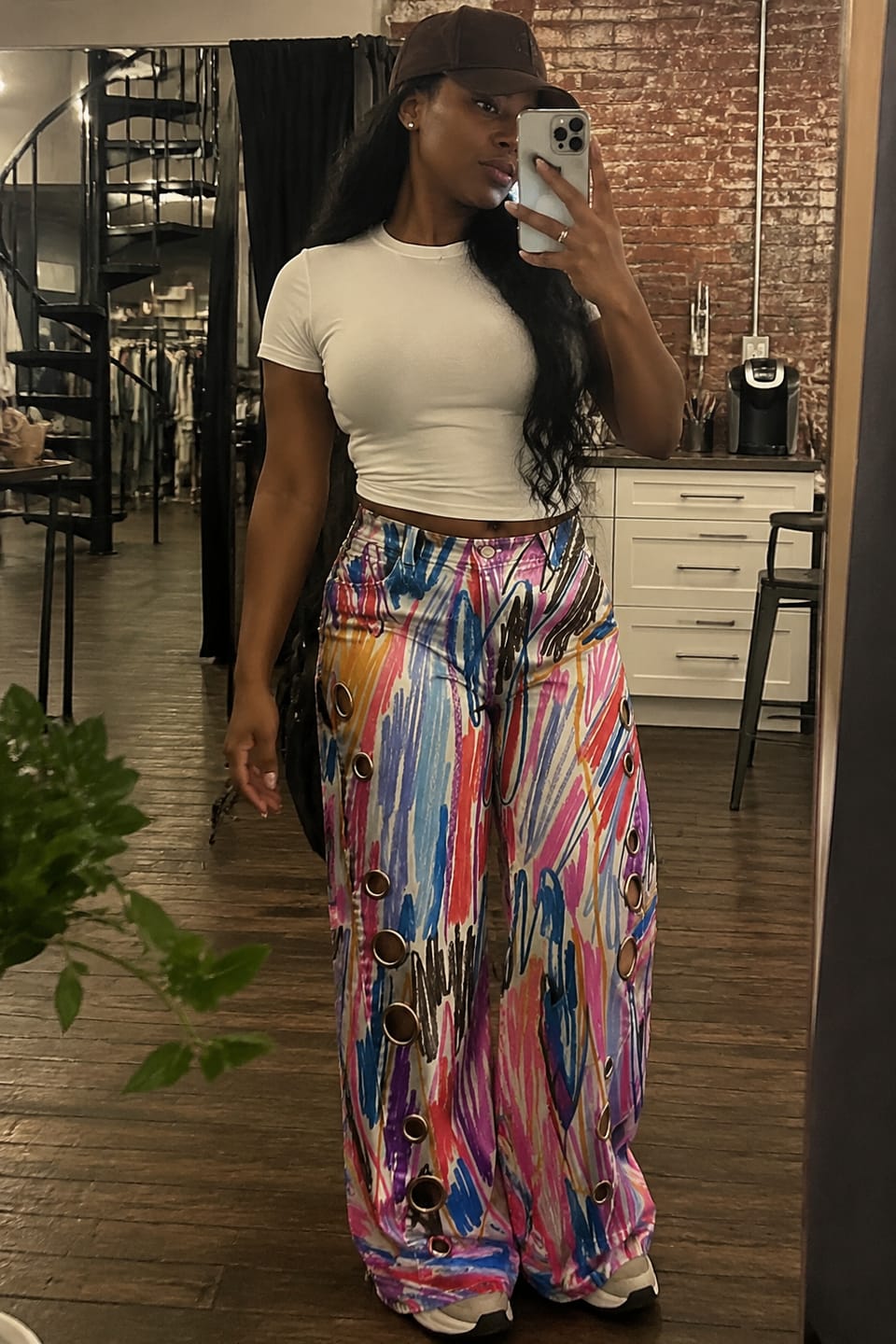 Customer photo review of High Waisted Wide Leg Buttoned Hollow Pockets Printed Pants Trousers