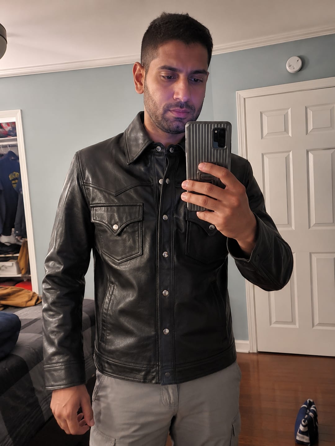 Customer photo review of Slugger Matte Black Trucker Leather Jacket For Men