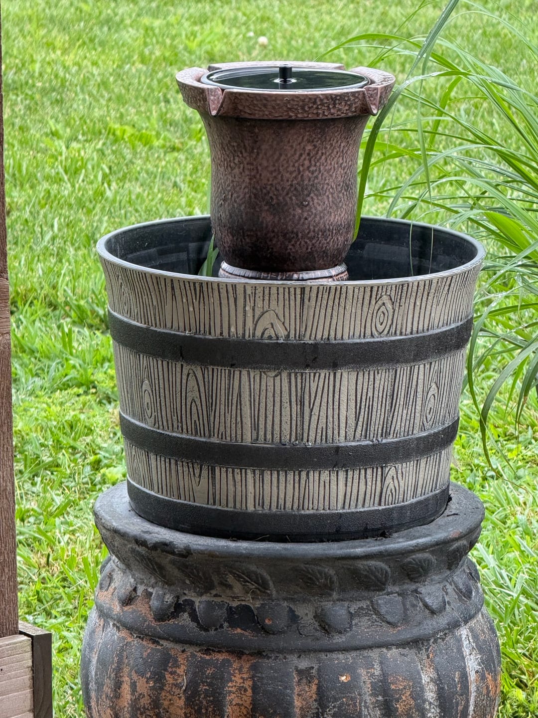 Customer photo review of Bernini Rustic Whiskey Barrel Fountain