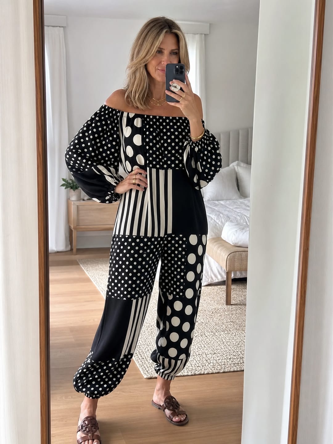 Customer photo review of Long Sleeves Puff Sleeves Contrast Color Elasticity Polka Dot Split-Joint Striped Off-The-Shoulder Jumpsuits