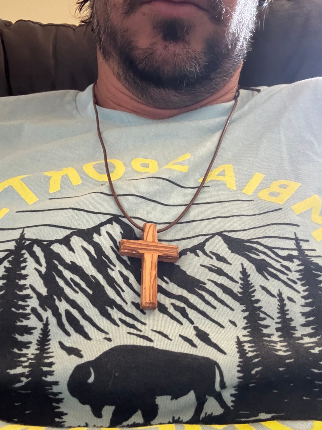 Customer photo review of Holy Land Plain Olive Wood Cross Pendant