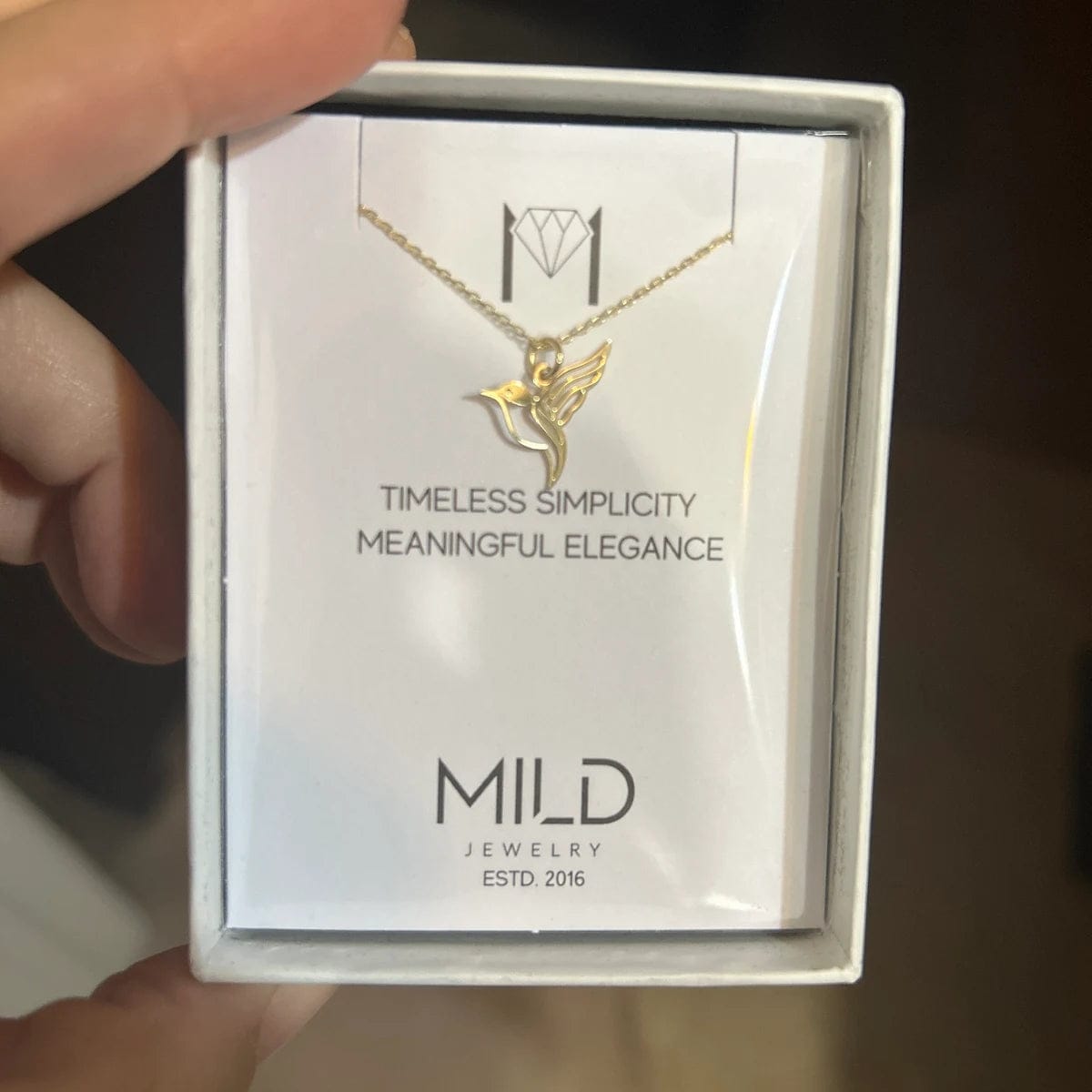 Customer photo review of Hummingbird Necklace – Gold Vermeil on Sterling Silver Dainty Charm