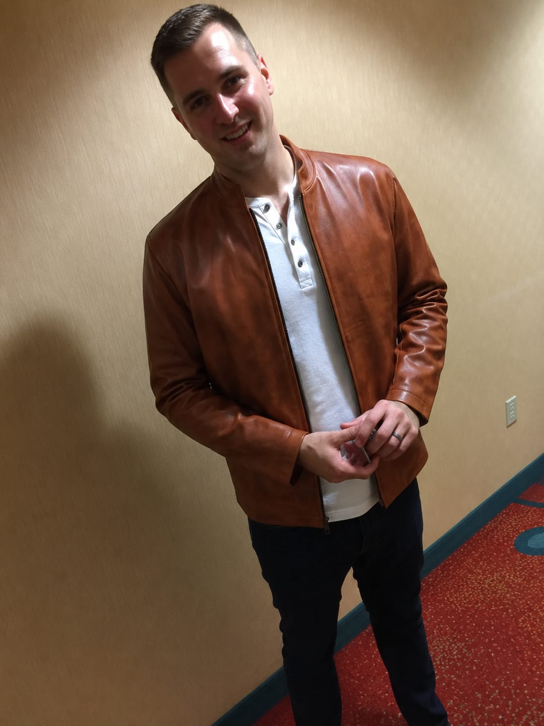 Customer photo review of Dope Chestnut Brown Sheepskin Leather Jacket For Men