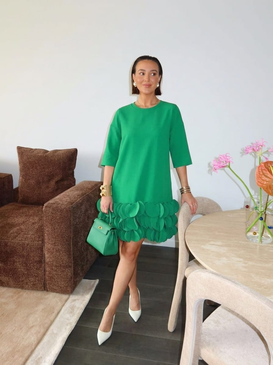 Customer photo review of A-Line Loose Solid Color Split-Joint Three-Dimensional Flower Round-Neck Mini Dresses