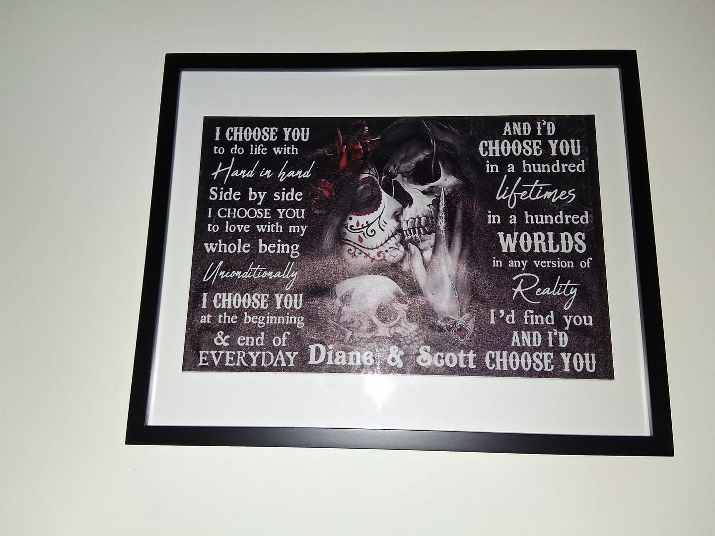 Customer photo review of "I Choose You" Personalized Couple Poster -Custom Name Sugar Skull Wall Art, Romantic Birthdays,Anniversary & Wedding Gift For Couple & Newlyweds