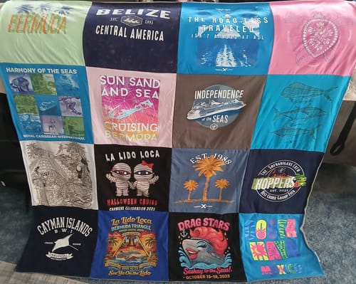Customer's colorful Project Repat T-Shirt Quilt, made with t-shirts from various cruise vacations.