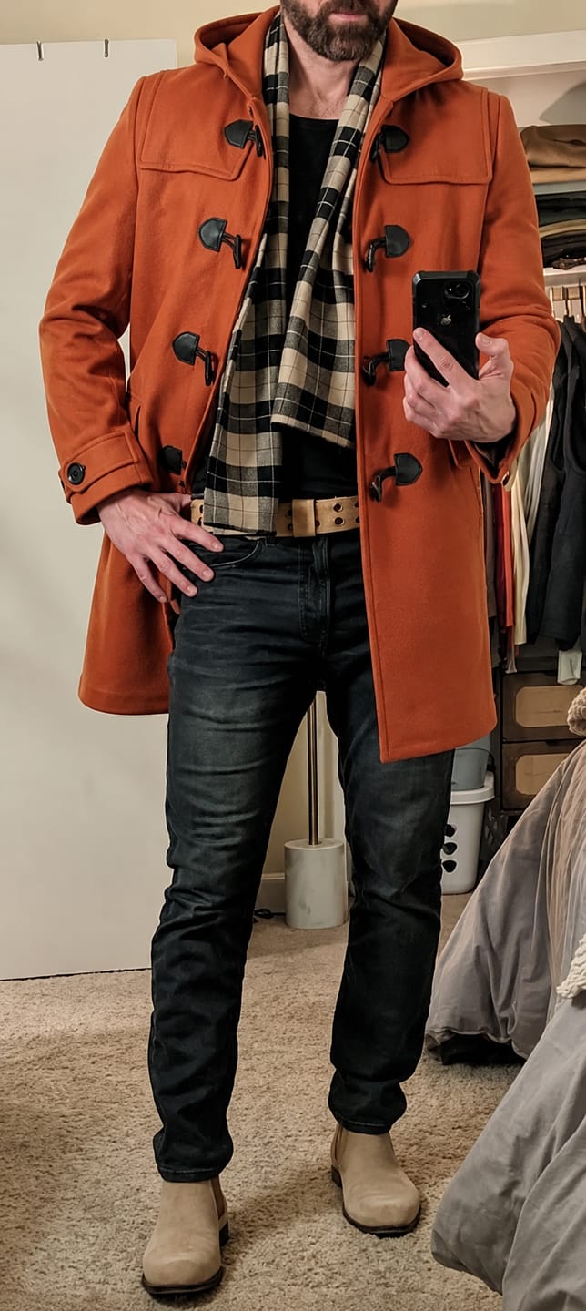 Customer photo review of Musefire Orange Wool Duffle Coat with Hood For Men