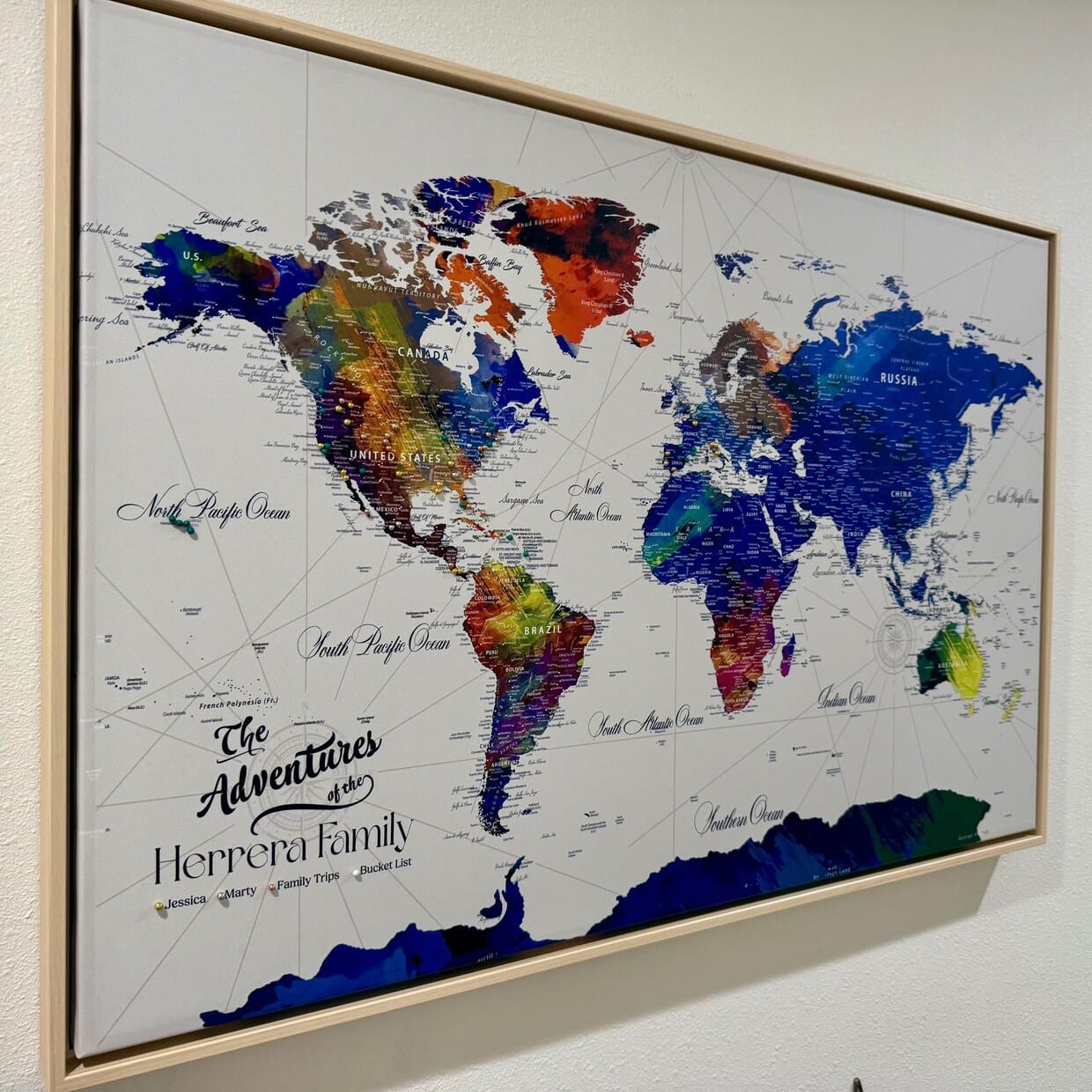 Customer photo review of Detailed Custom World Map Print – Framed Custom Push Pin