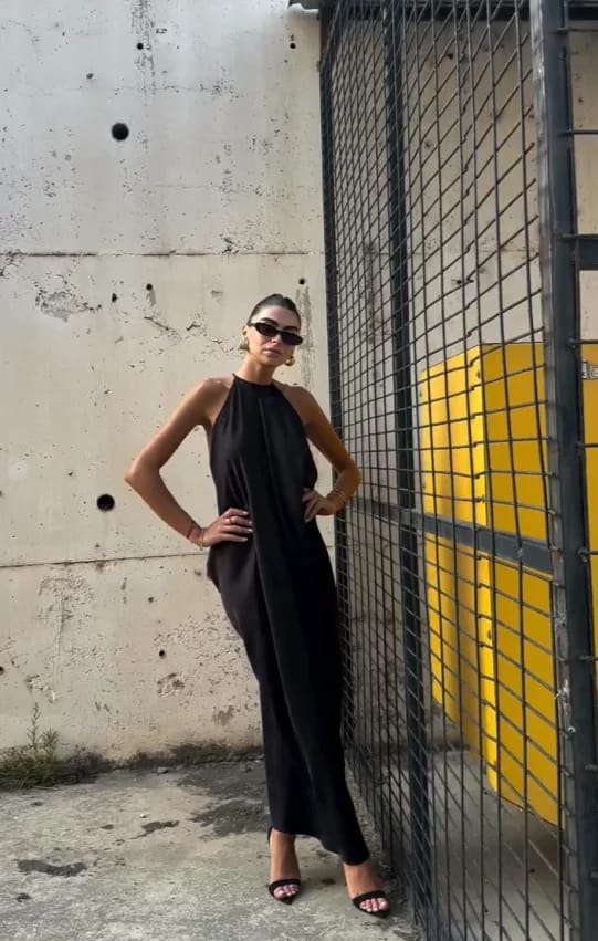 Customer photo review of Vanessa Satin Open-Back Maxi Dress