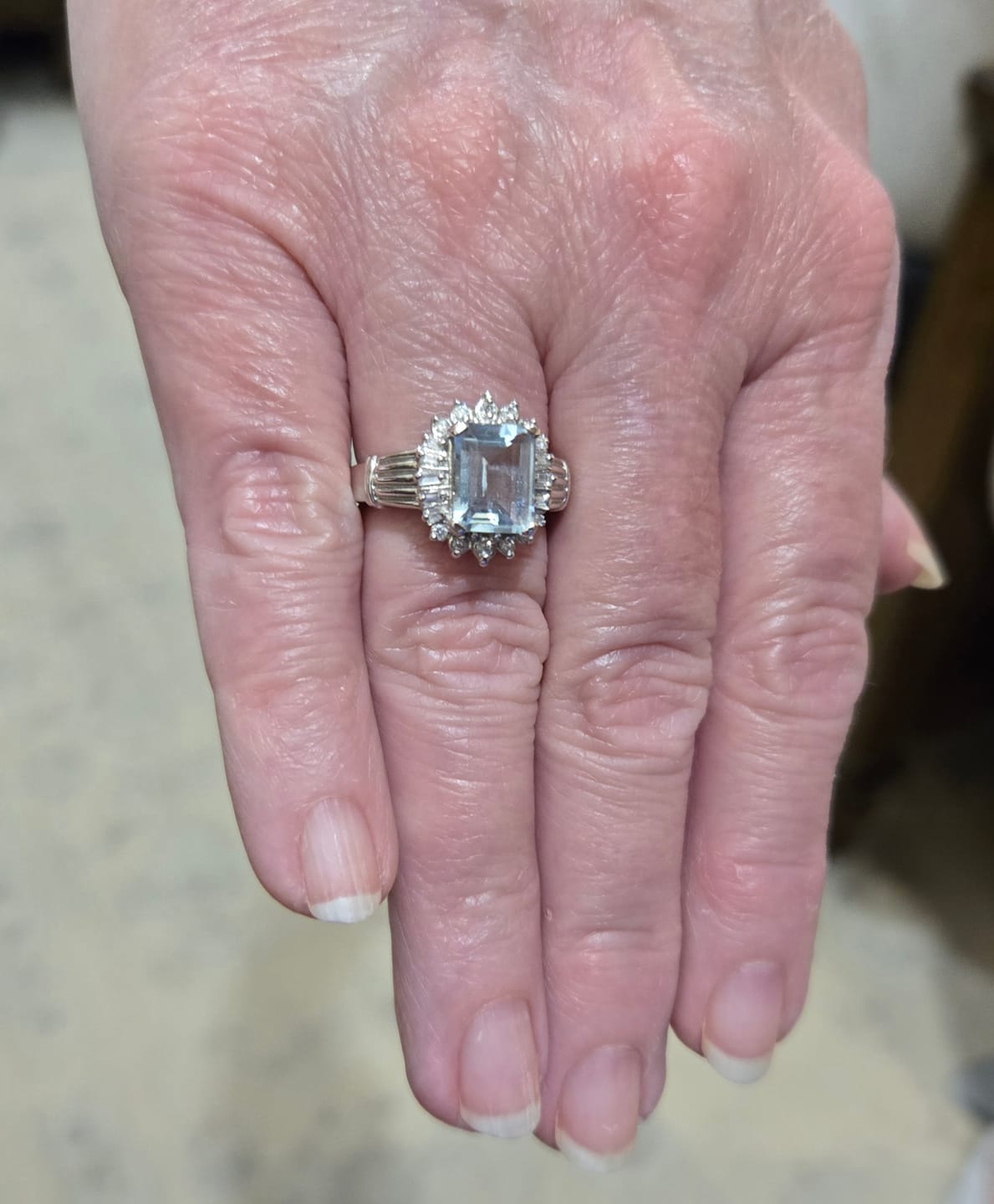 Customer photo review of Vintage 14k White Gold 1.77ct Aquamarine Diamond Accented Halo Ring 6.50