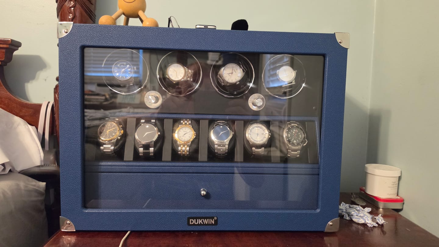 Customer photo review of Wear-Resistant Microfiber - 4 Automatic Watch Winders with 6 Display Organizer - Blue