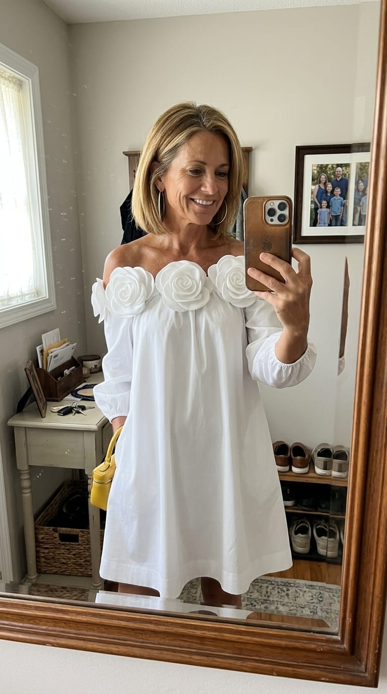 Customer photo review of Half Sleeves Loose Pockets Solid Color Three-Dimensional Flower Off-The-Shoulder Mini Dresses