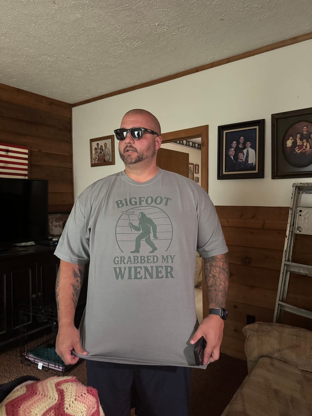 Customer photo review of Bigfoot Grabbed My Wiener T-Shirt