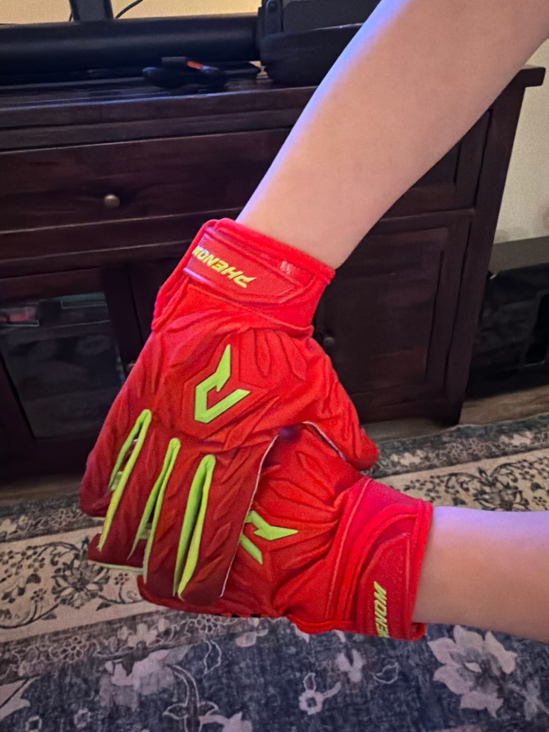 Customer photo review of Phenom Elite Quantum Fierce Youth & Adult Padded Football Gloves - Red Leopard