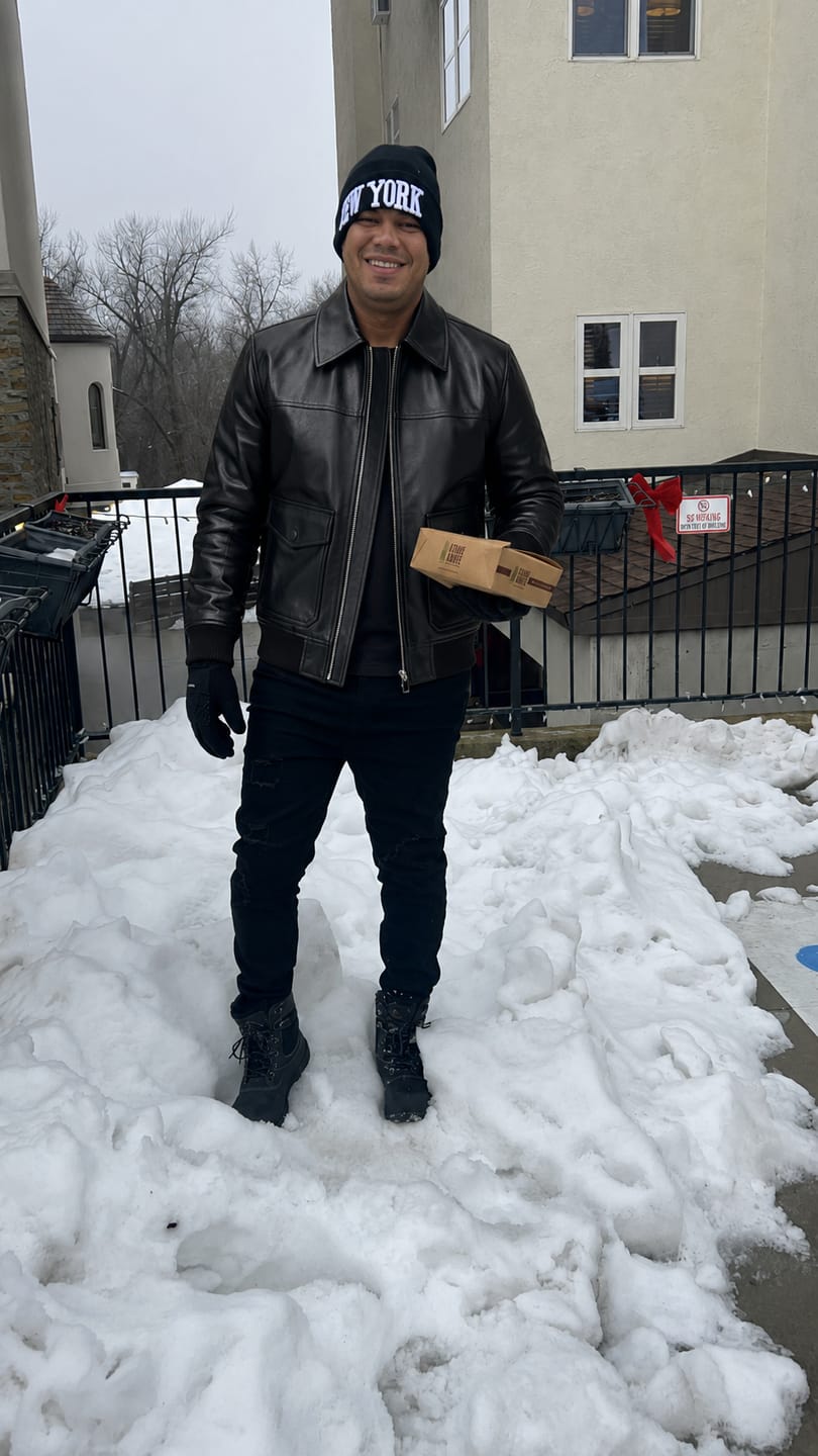 Customer photo review of Bane Black Leather Bomber Jacket For Men