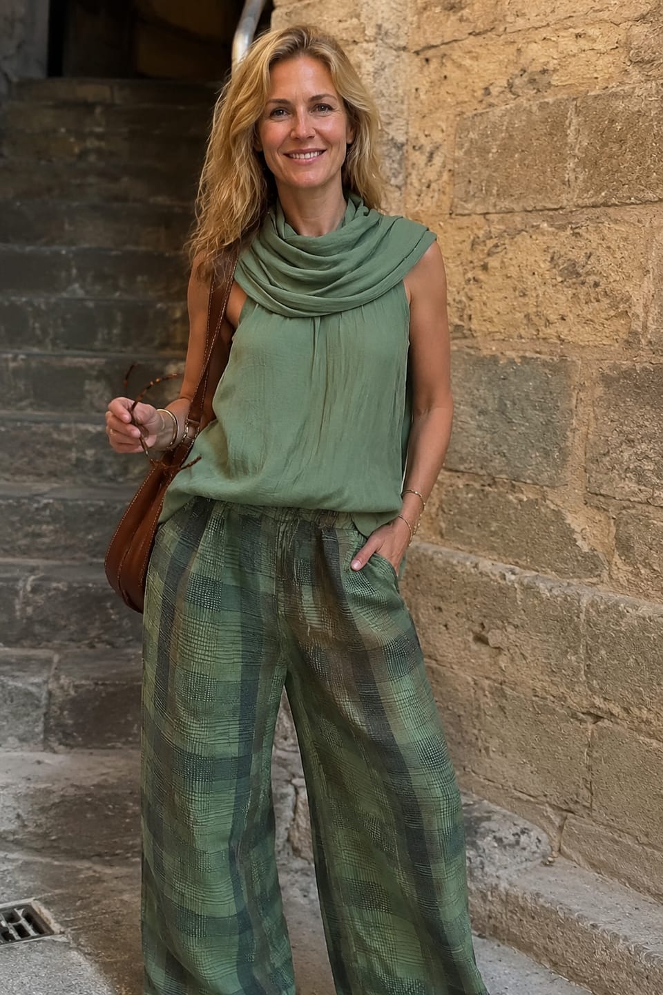 Customer photo review of High Waisted Loose Contrast Color Plaid Pockets Pants Trousers