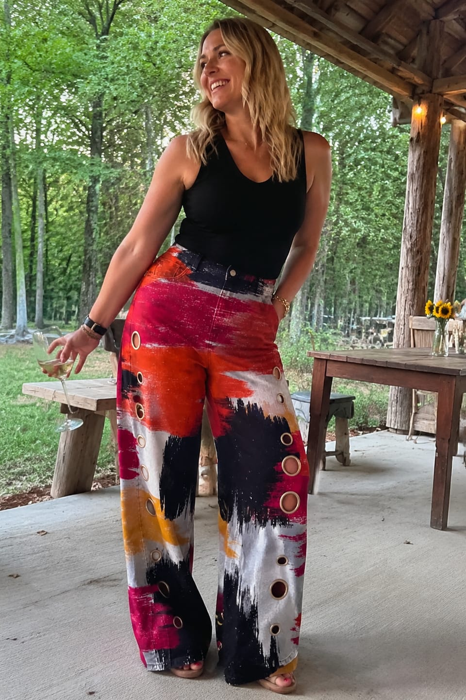 Customer photo review of High Waisted Wide Leg Contrast Color Hollow Pockets Printed Pants Trousers