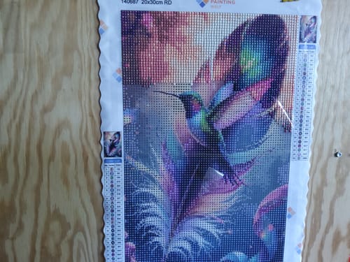 Ein Kunde zeigt sein farbenfrohes Diamond Painting eines Kolibris, das fast fertiggestellt ist.