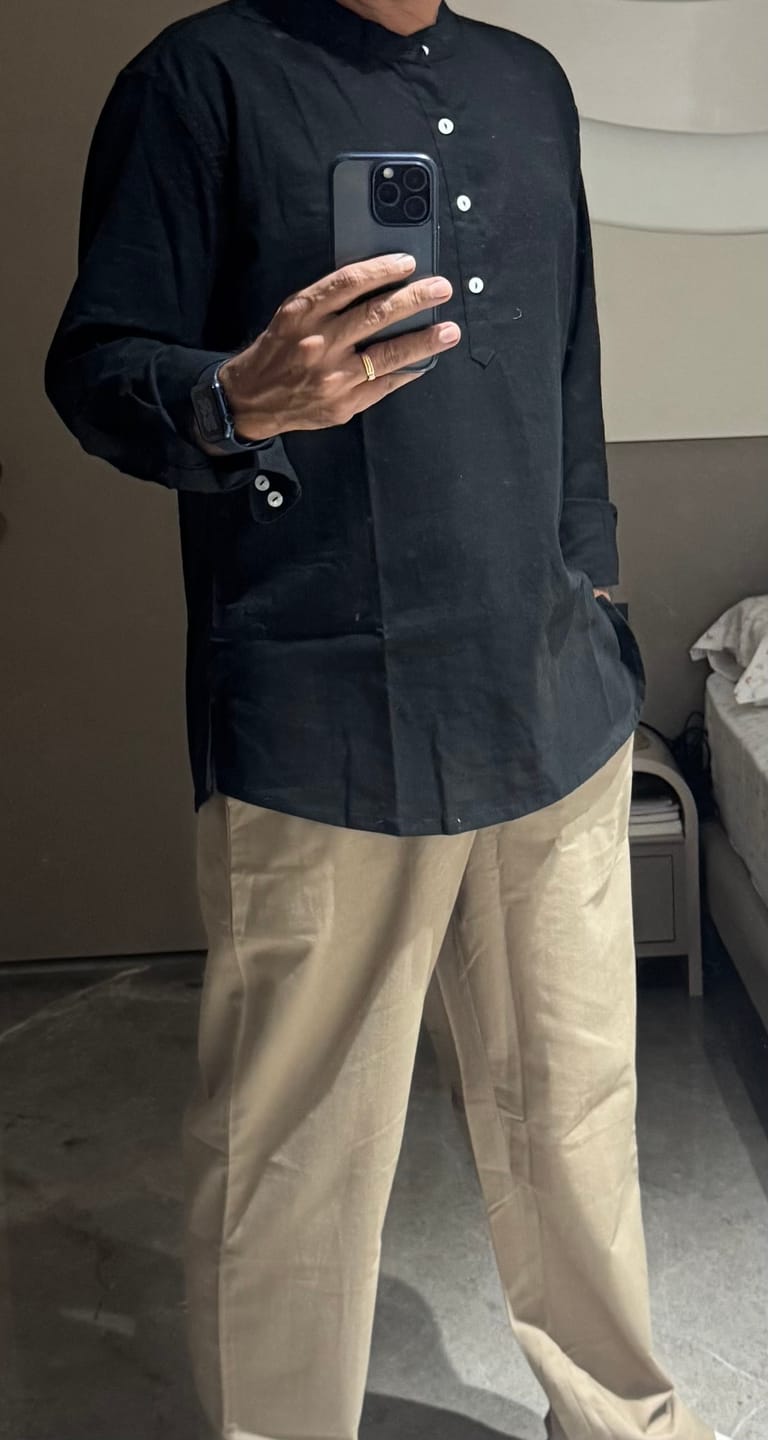 Customer photo review of Men Black Airy Linen Short Kurta