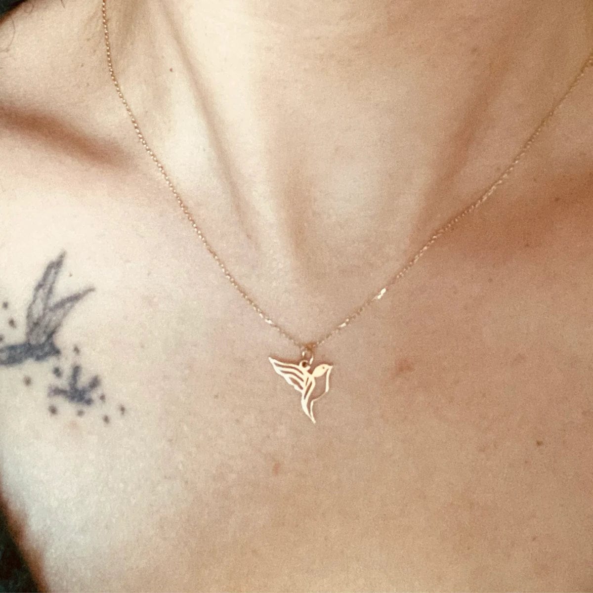 Customer photo review of Hummingbird Necklace – Gold Vermeil on Sterling Silver Dainty Charm