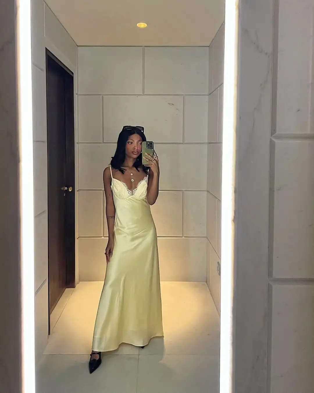 Customer photo review of Margot Satin Lace Midi Dress