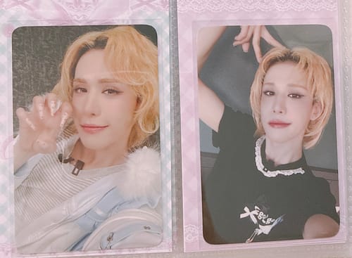 Customer's 'EgoZgo x XLOV' photocards showing a person with blonde hair in two poses, displayed in a binder.