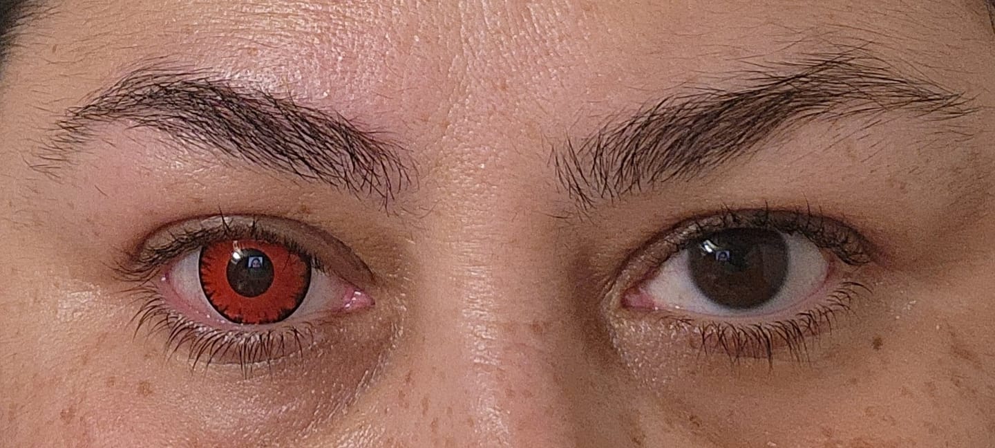 Customer photo review of Cosplay Lucifer's Eye Red Prescription Colored Contact Lenses