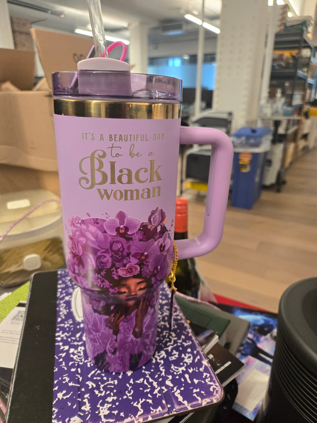 Customer photo review of Orchid Purple "Royalty Blossomed" FlowSip™ Insulated Tumbler – It's a Beautiful Day to Be a Black Woman