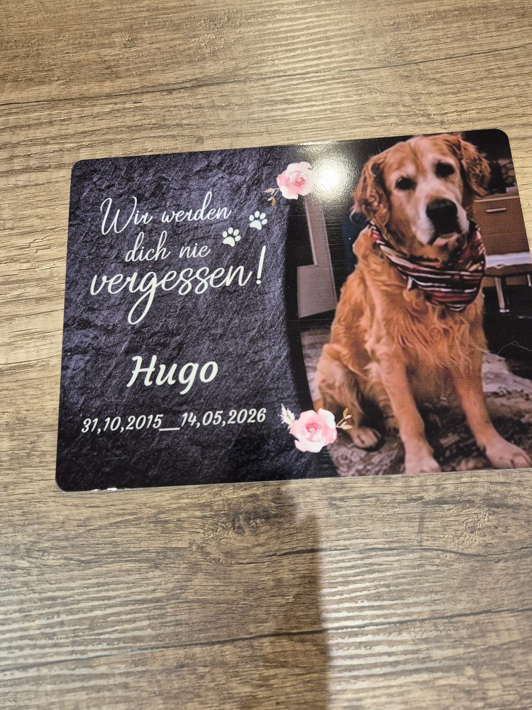 Customer photo review of Hunde Gedenktafel mit Foto & Spruch (UV- & Wetterfest)