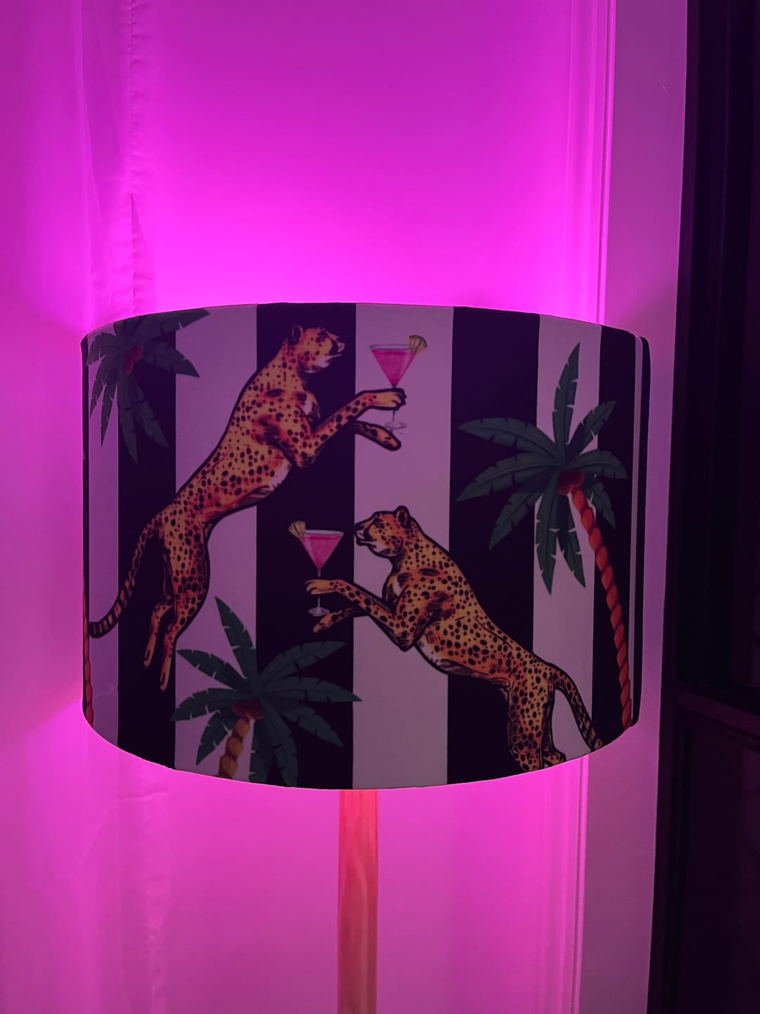 Customer photo review of Queen K Cocktail Cheetah Velvet Drum Lampshade Black and White Stripe