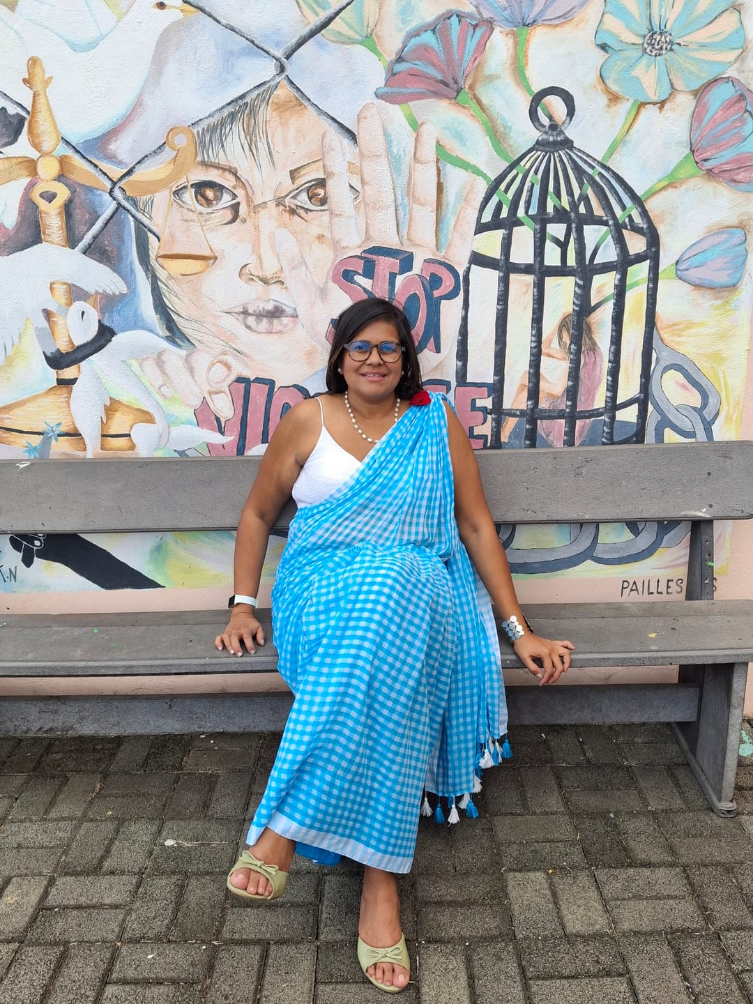 Customer photo review of Gingham Check Sky Blue Mulmul Cotton Saree