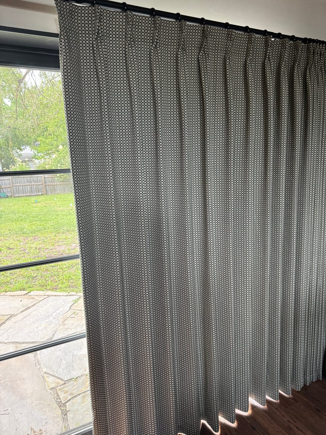 Customer photo review of 85% Blackout Pinch Pleated Curtains | Modern Pixelated Check Design, Noise Cancelling for Bedrooms & Media Rooms (Frankie)