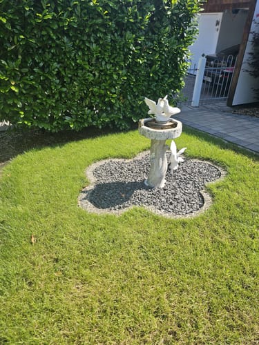 Ein Kunde zeigt seinen sattgrünen Rasen nach der Anwendung des RASENBLITZ™ SOMMERDÜNGER.